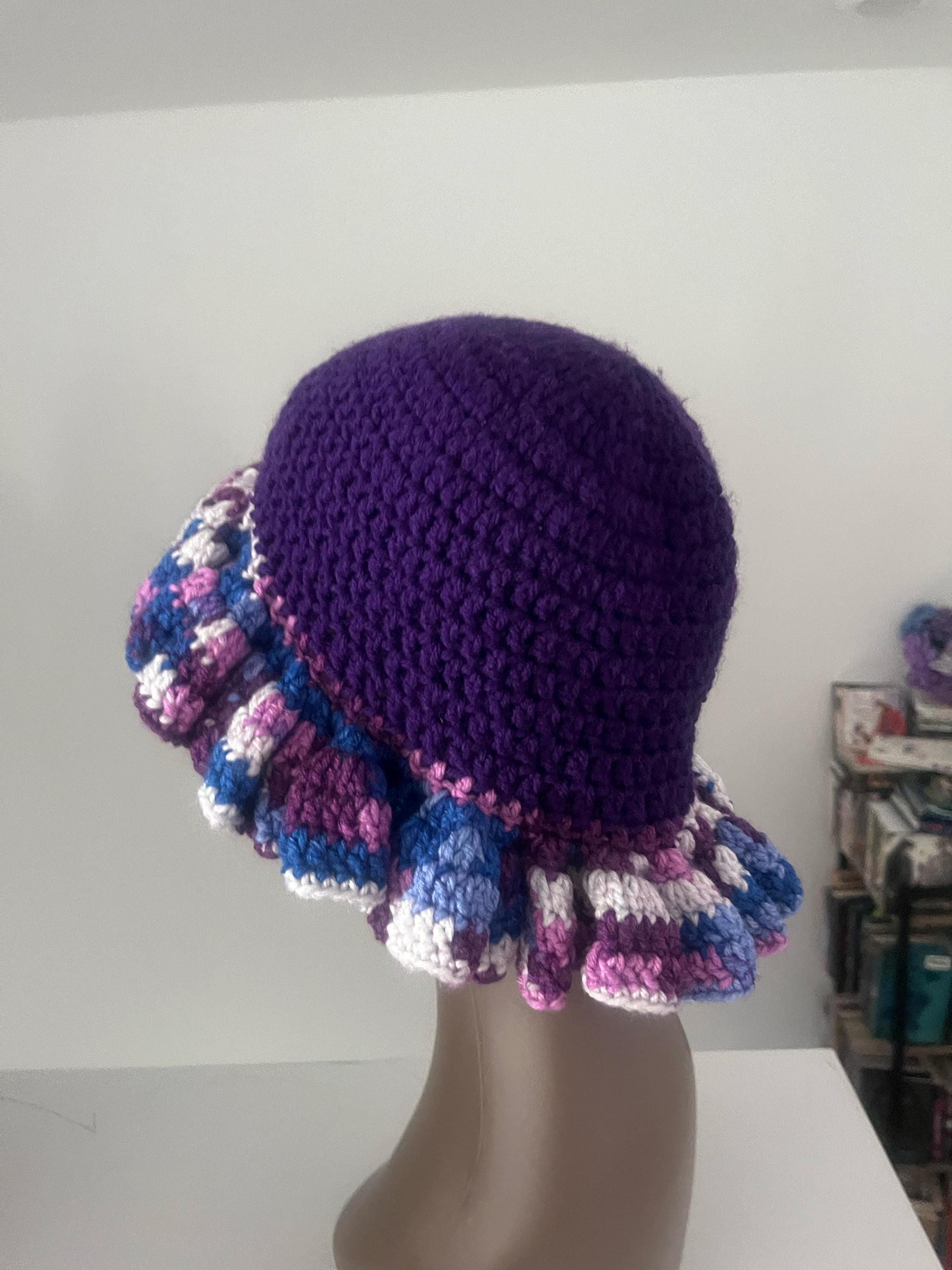 Handmade Purple Ruffle Bucket Hat, Colorful Crochet Knit