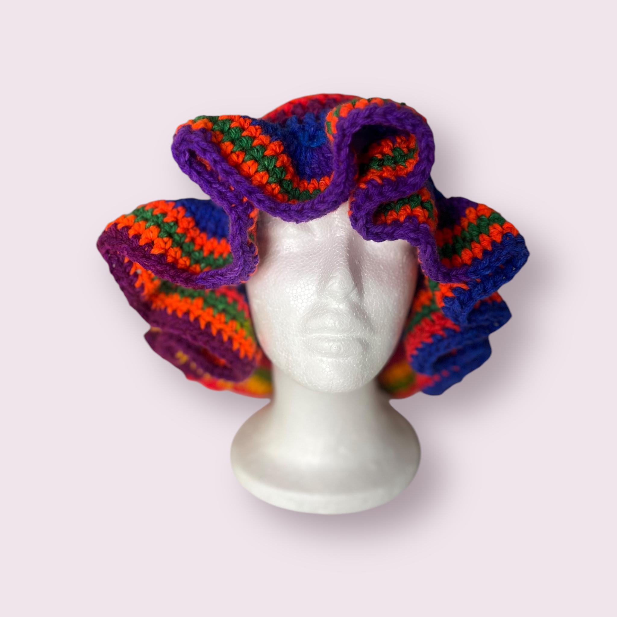 Handmade Rainbow Ruffle Bucket Hat – Acrylic Yarn, Adult Size