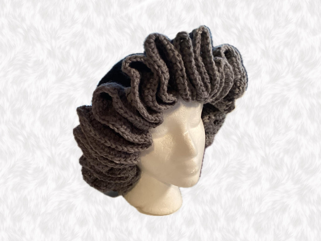 Handmade Black Crochet Ruffle Hat – Adult M/L, Satin Lined