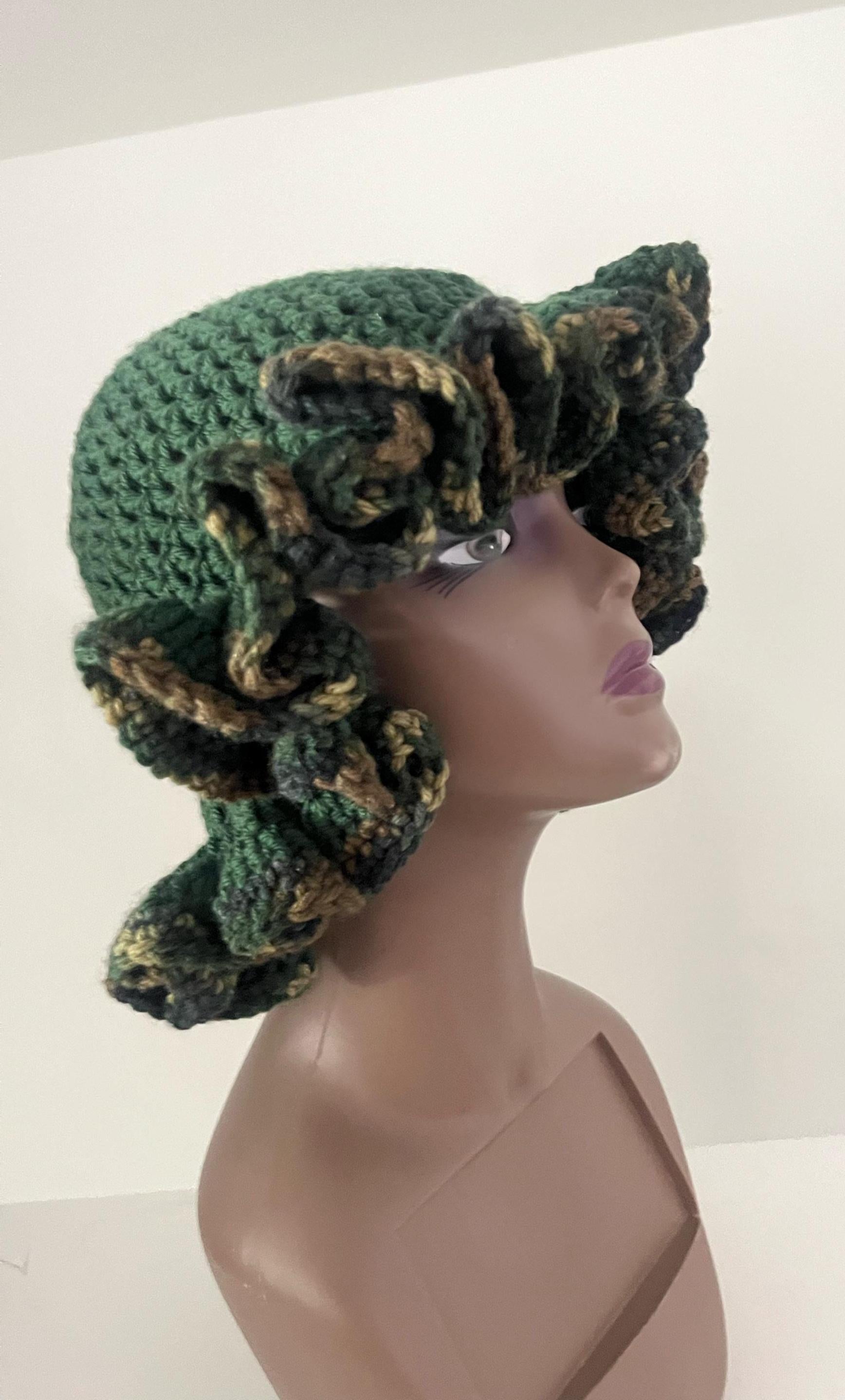 Deep Forest Green Ruffle Hat with Camo Trim - Unique, Colorful Bucket Hat