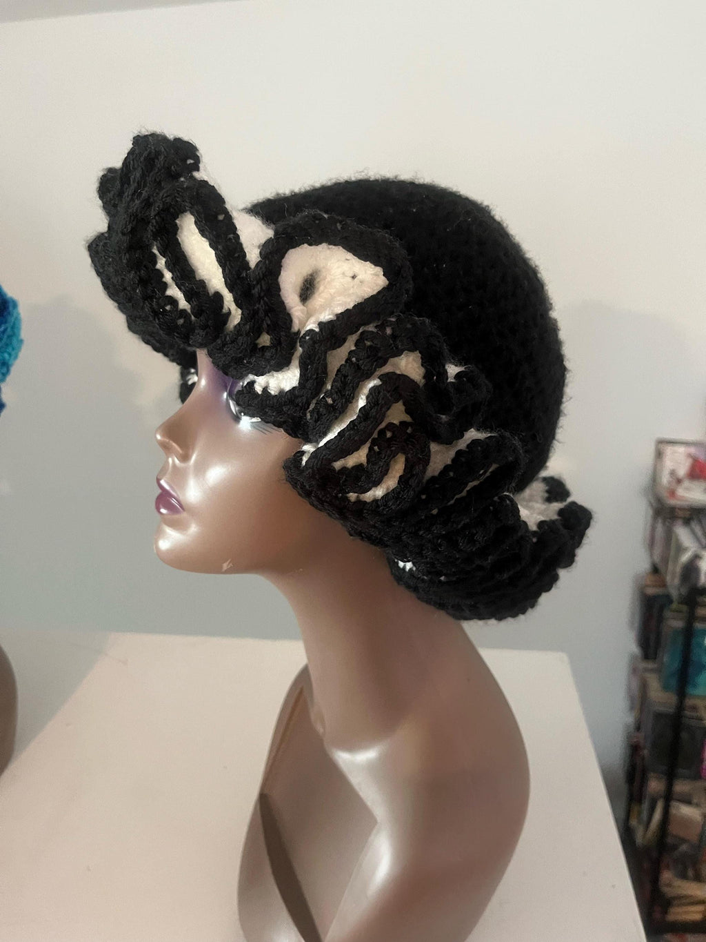 Satin-Lined Ruffle Bucket Hat - Black and White Acrylic Yarn