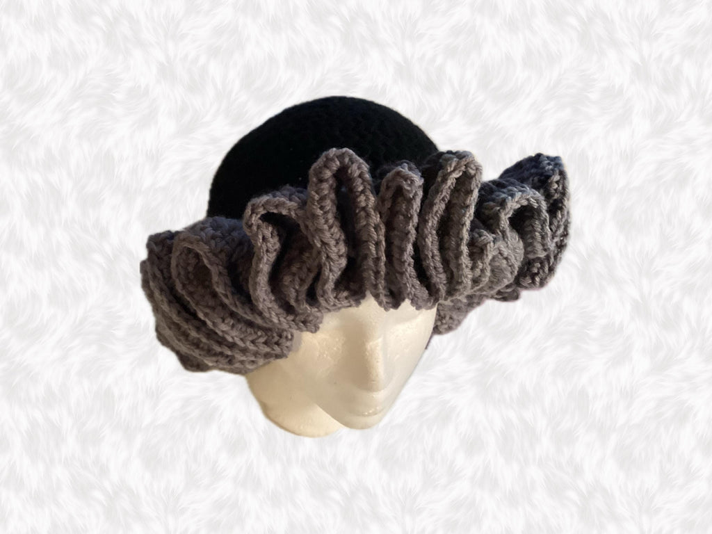 Handmade Black Crochet Ruffle Hat – Adult M/L, Satin Lined