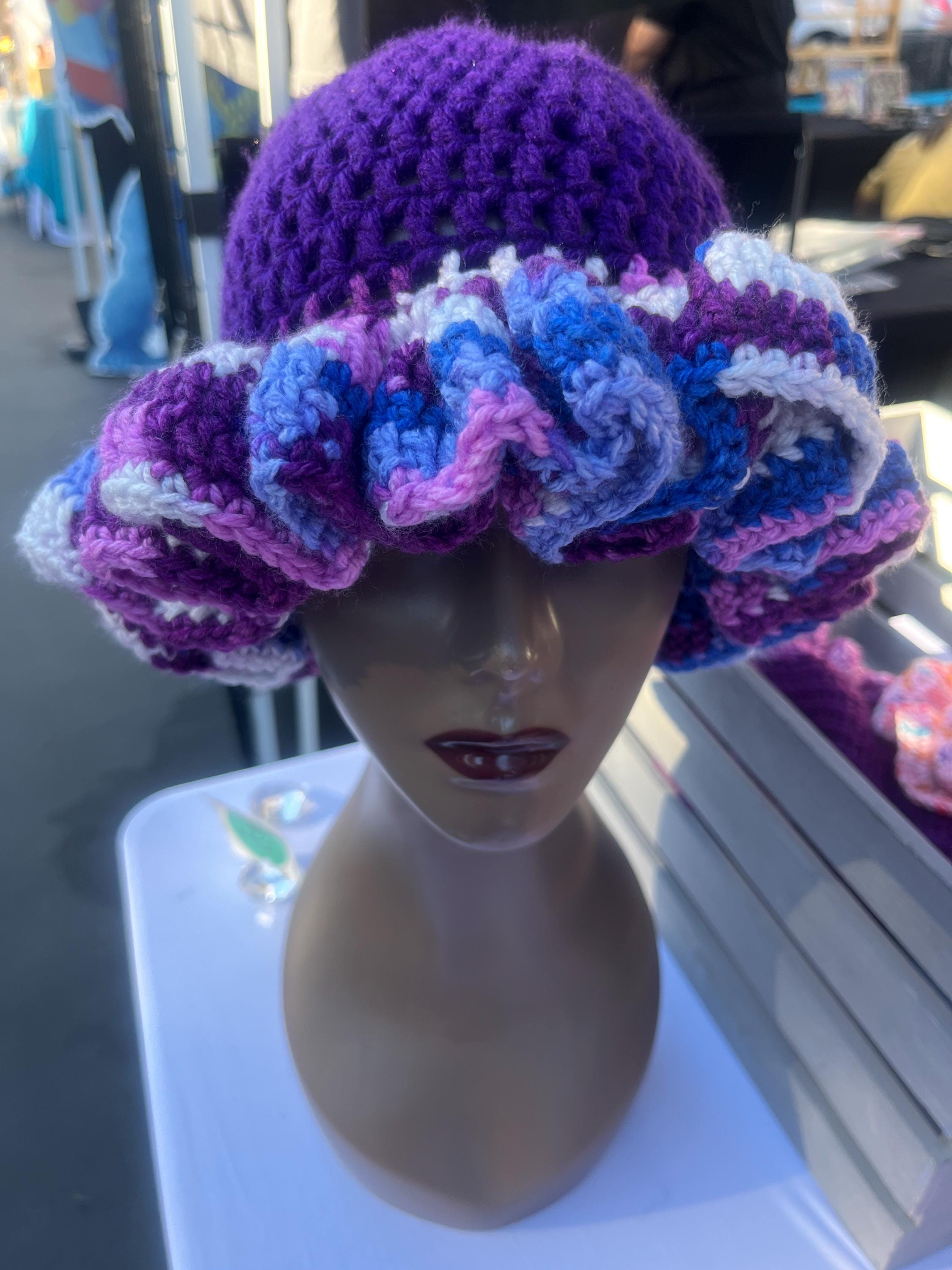 Handmade Purple Ruffle Bucket Hat, Colorful Crochet Knit