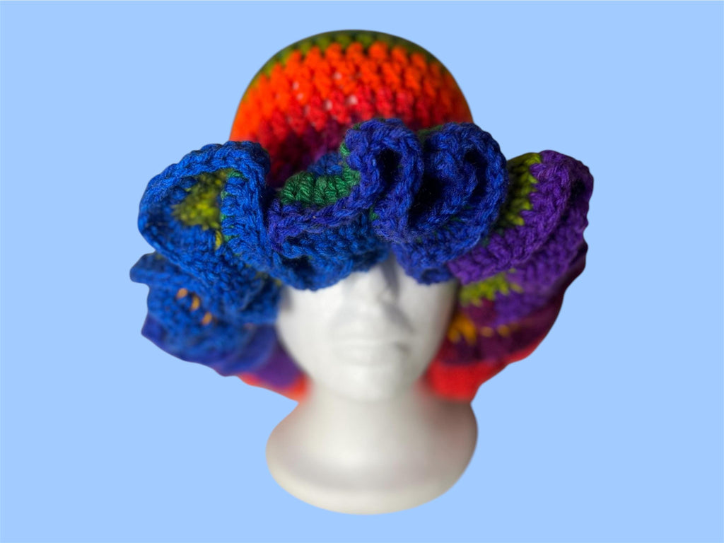 Handmade Rainbow Ruffle Bucket Hat – Acrylic Yarn, Adult Size