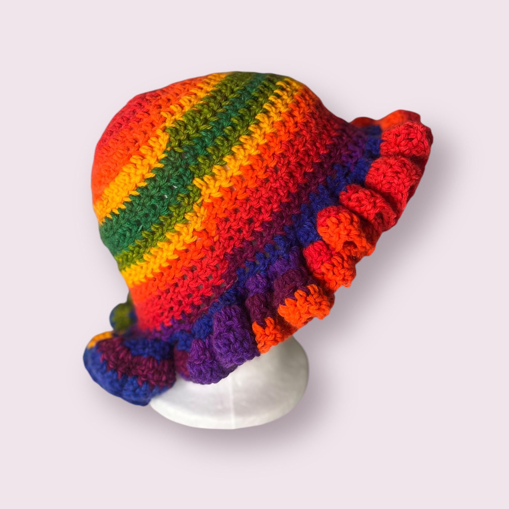 Handmade Rainbow Ruffle Bucket Hat – Acrylic Yarn, Adult Size