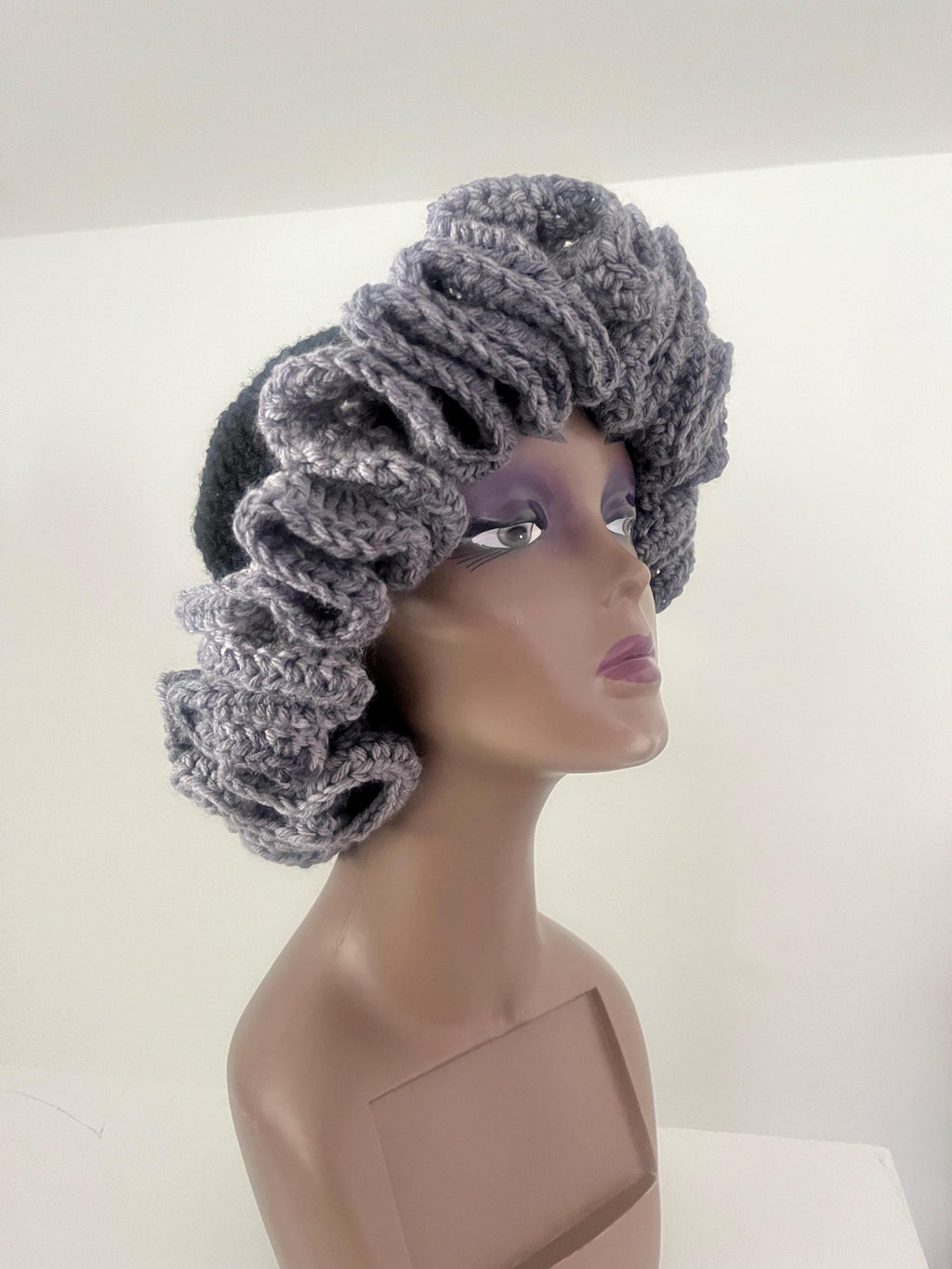 Handmade Black Crochet Ruffle Hat – Adult M/L, Satin Lined