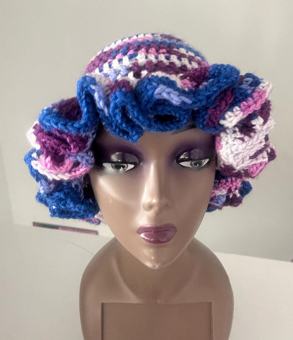 Handmade Acrylic Ruffle Bucket Hat, Purple Blue White, Adult Size