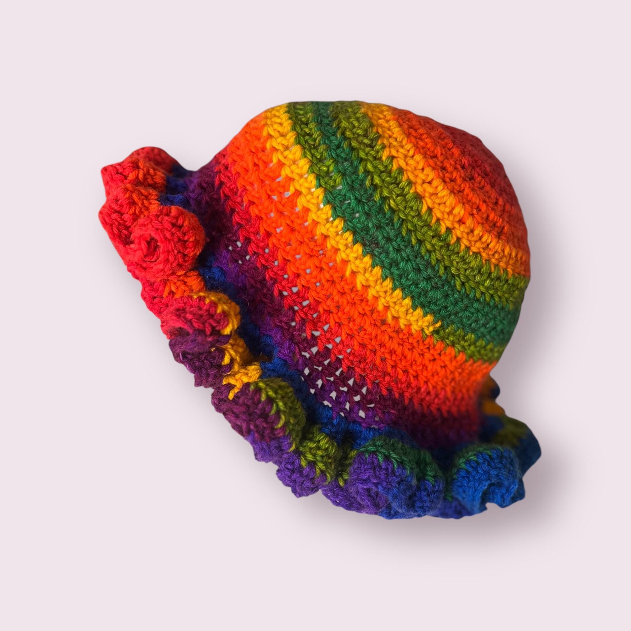 Handmade Rainbow Ruffle Bucket Hat – Acrylic Yarn, Adult Size