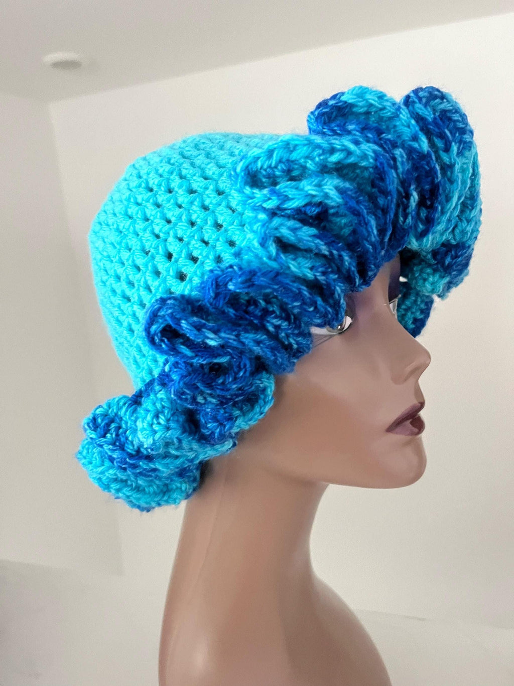 SATIN LINED Bright Blue to Ocean Brim Ruffle Hat- Colorful and Unique Bucket Hat