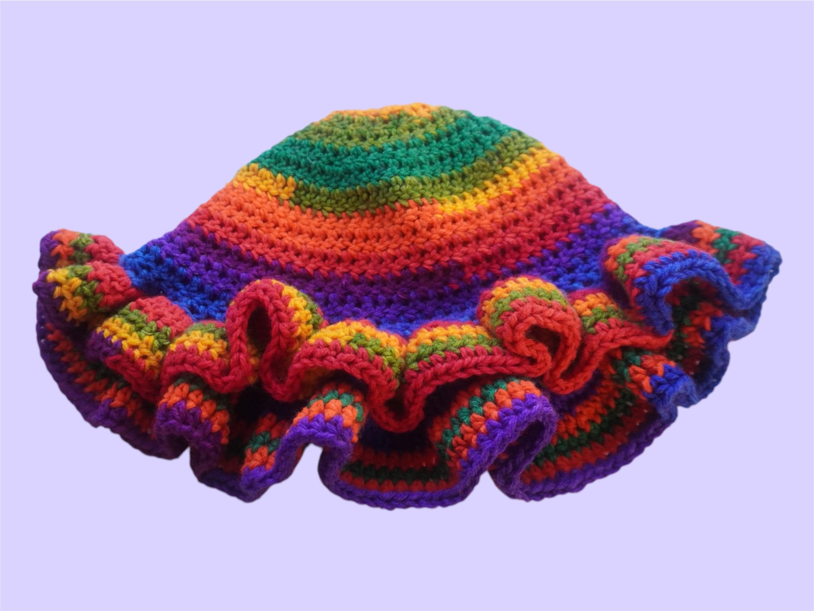 Handmade Rainbow Ruffle Bucket Hat – Acrylic Yarn, Adult Size