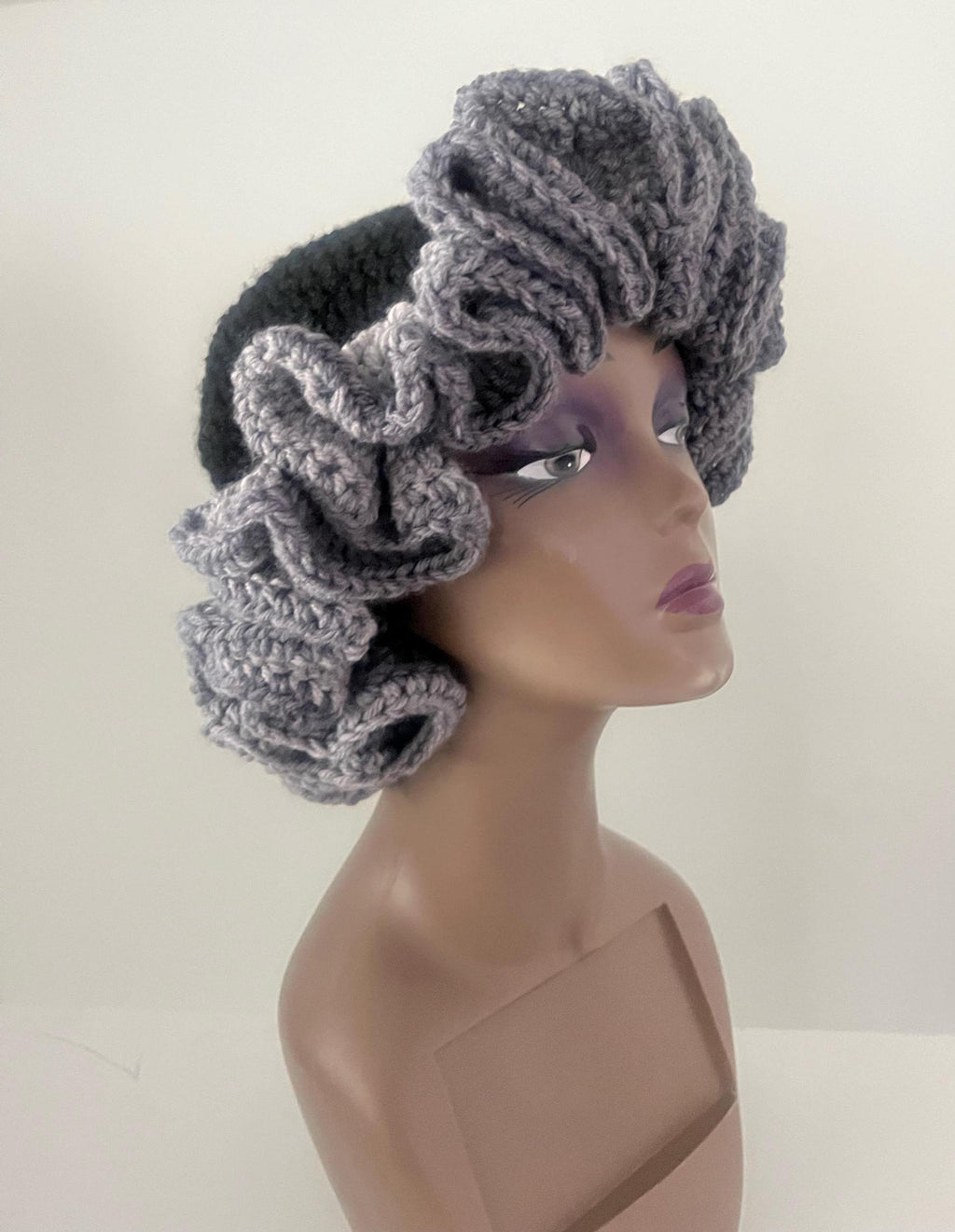 Handmade Black Crochet Ruffle Hat – Adult M/L, Satin Lined