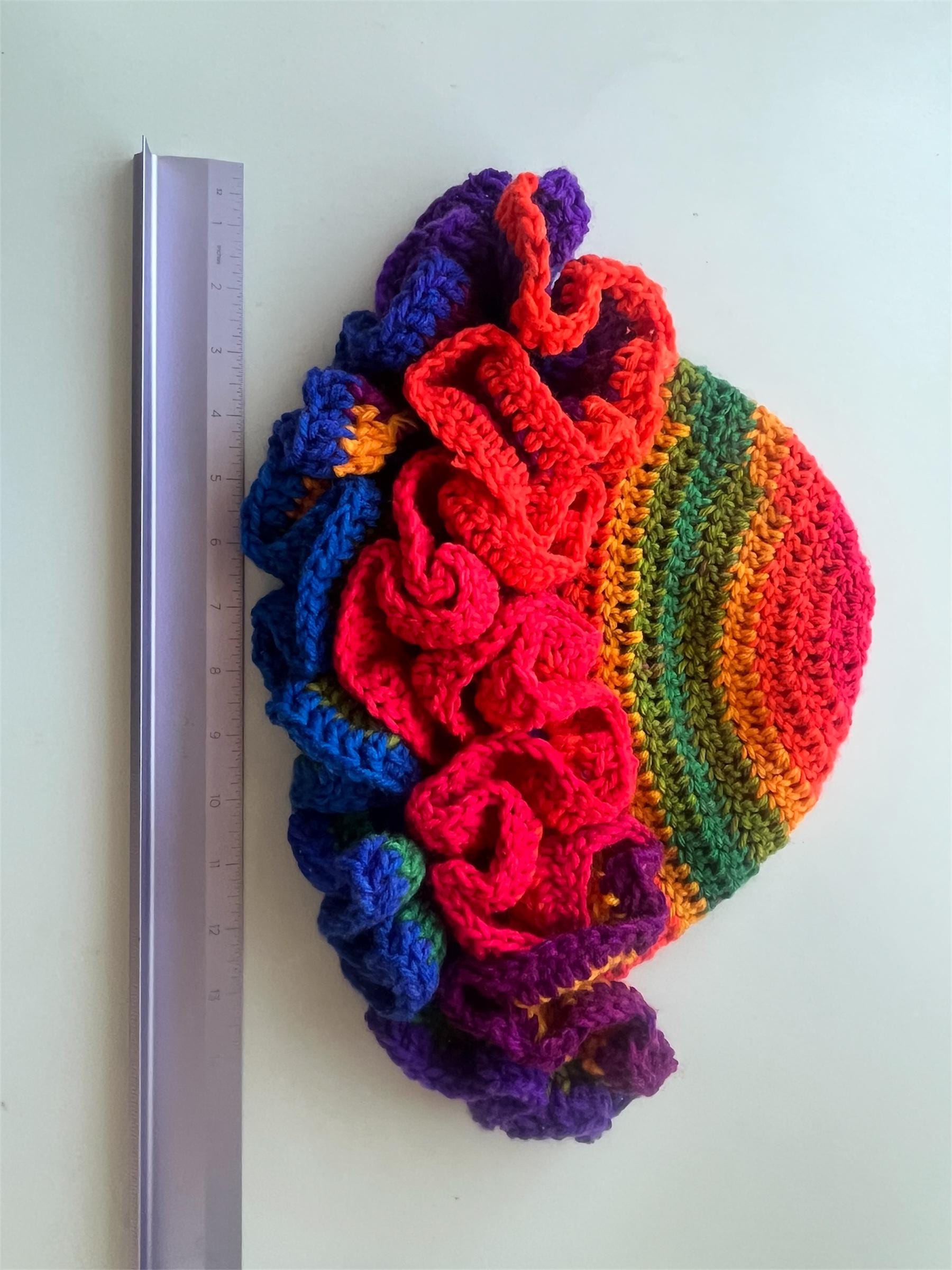 Handmade Rainbow Ruffle Bucket Hat – Acrylic Yarn, Adult Size