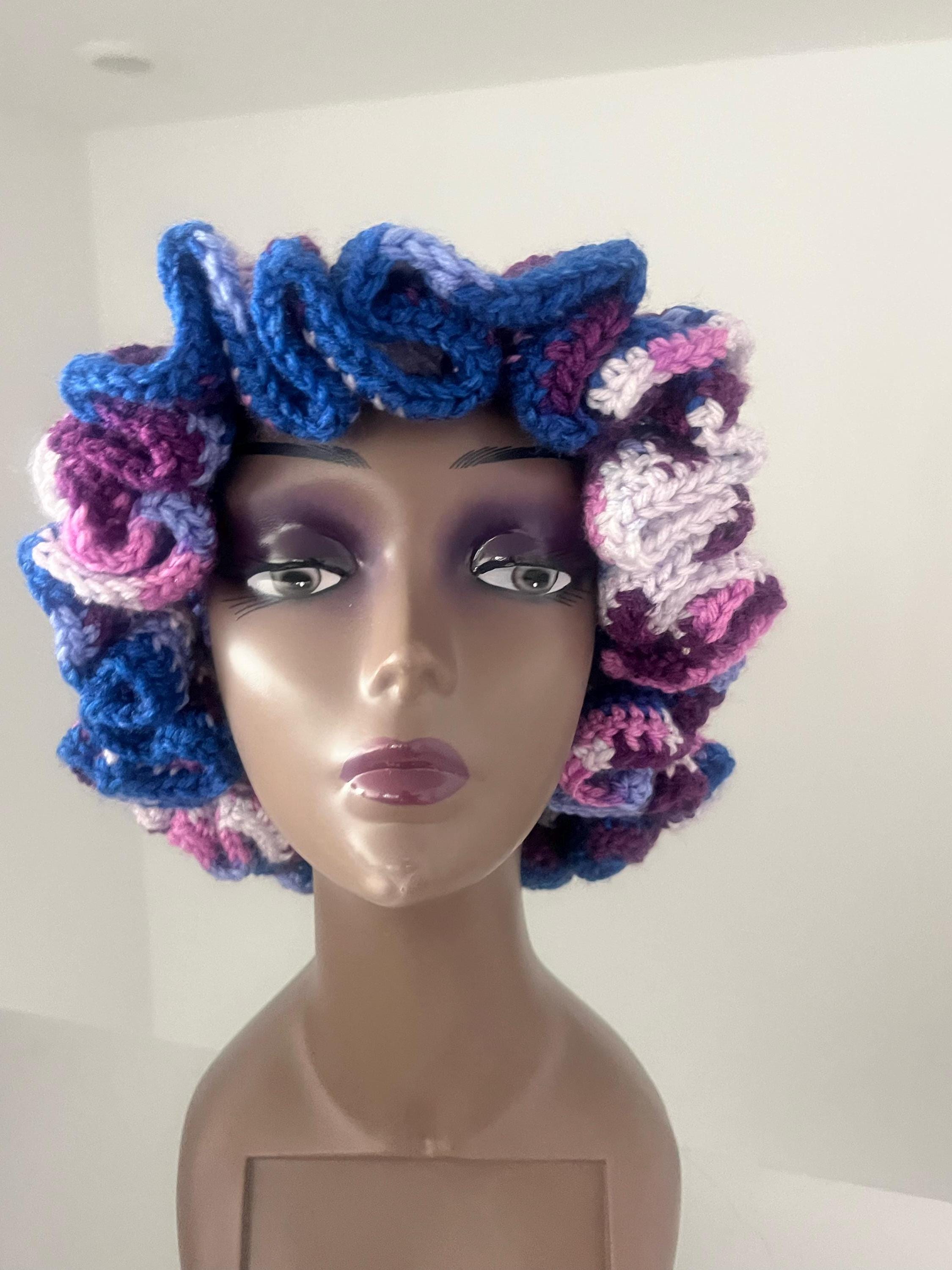 Handmade Acrylic Ruffle Bucket Hat, Purple Blue White, Adult Size