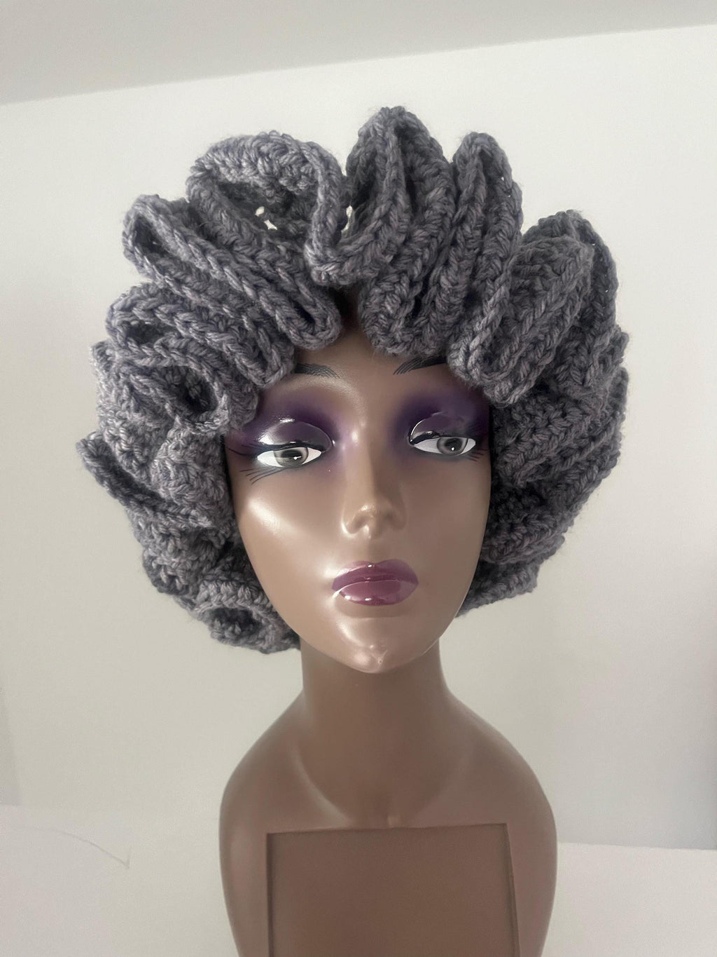 Handmade Black Crochet Ruffle Hat – Adult M/L, Satin Lined