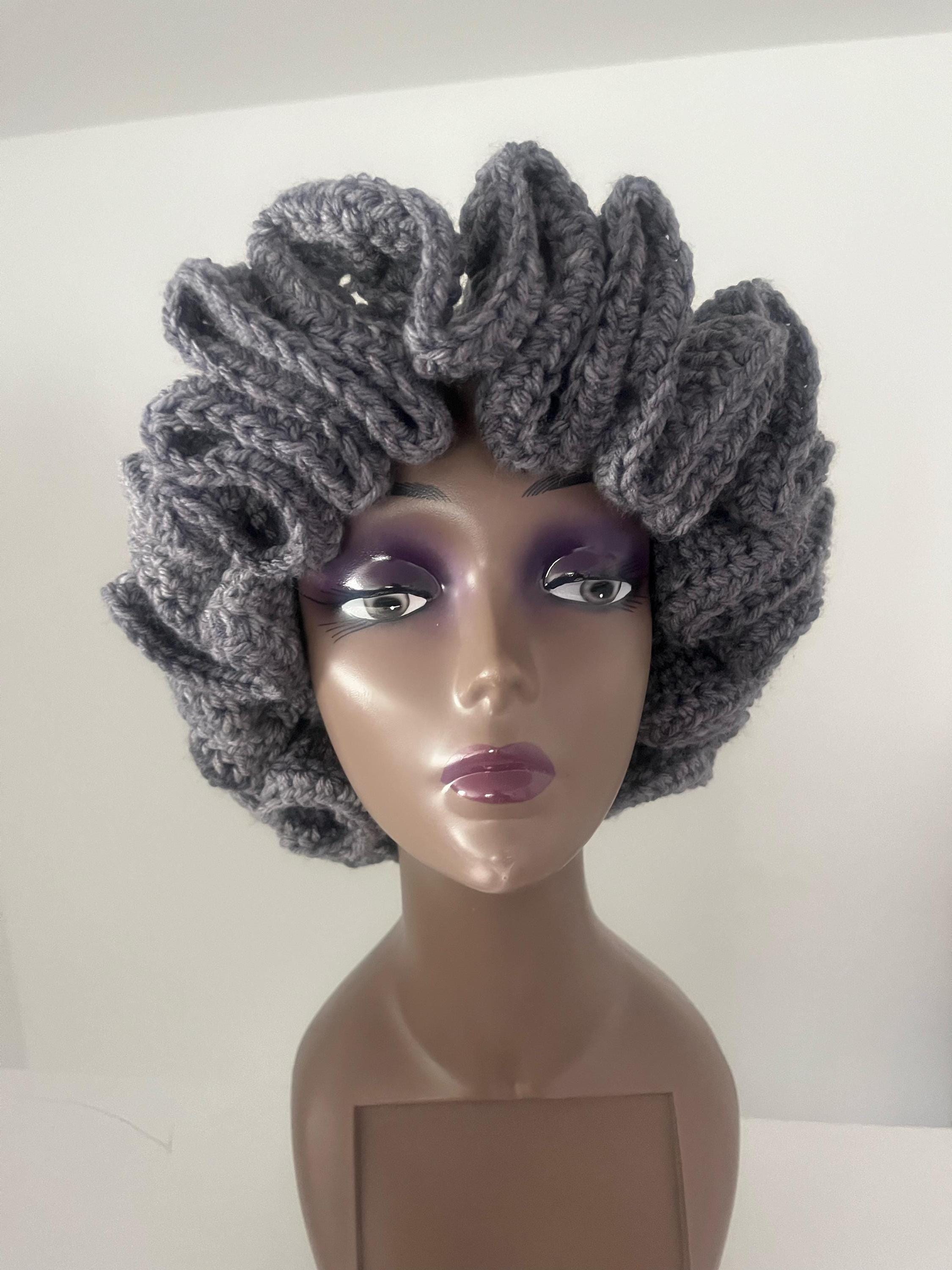 Handmade Black Crochet Ruffle Hat – Adult M/L, Satin Lined