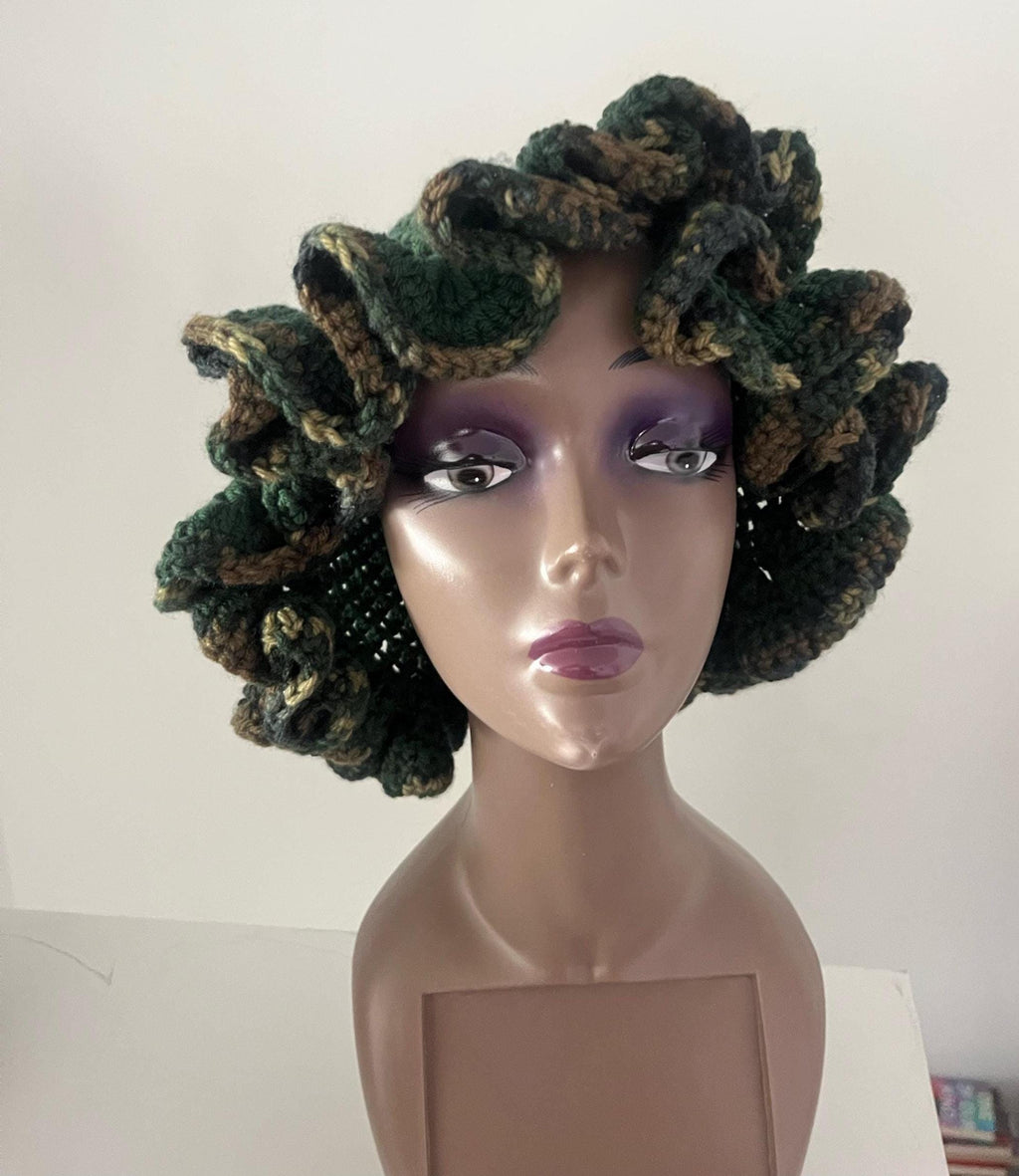 Deep Forest Green Ruffle Hat with Camo Trim - Unique, Colorful Bucket Hat