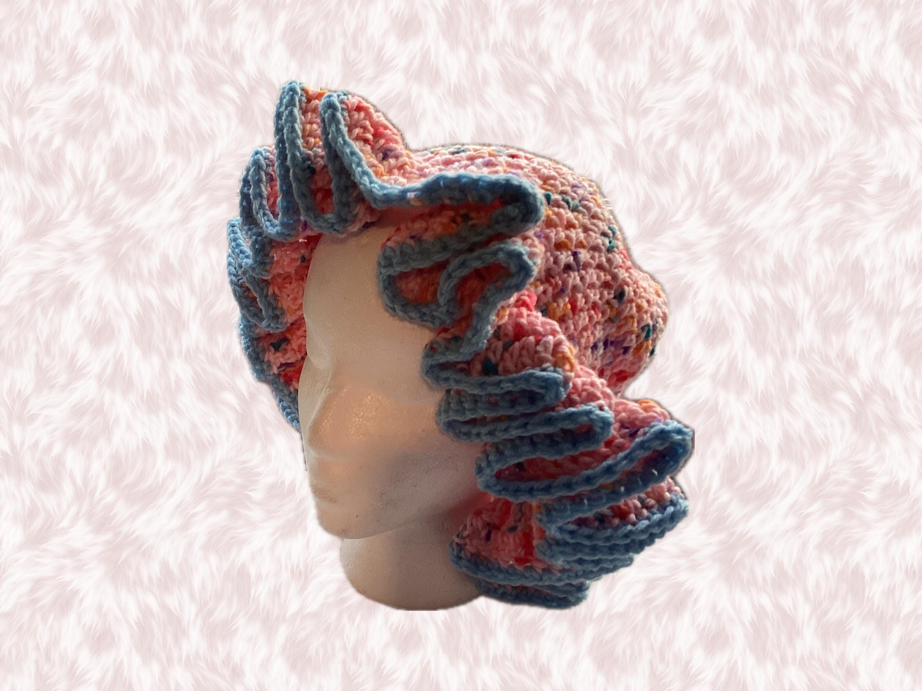 Pink Speckled Ruffle Hat with Light Blue Trim- Unique, Colorful Bucket Hat