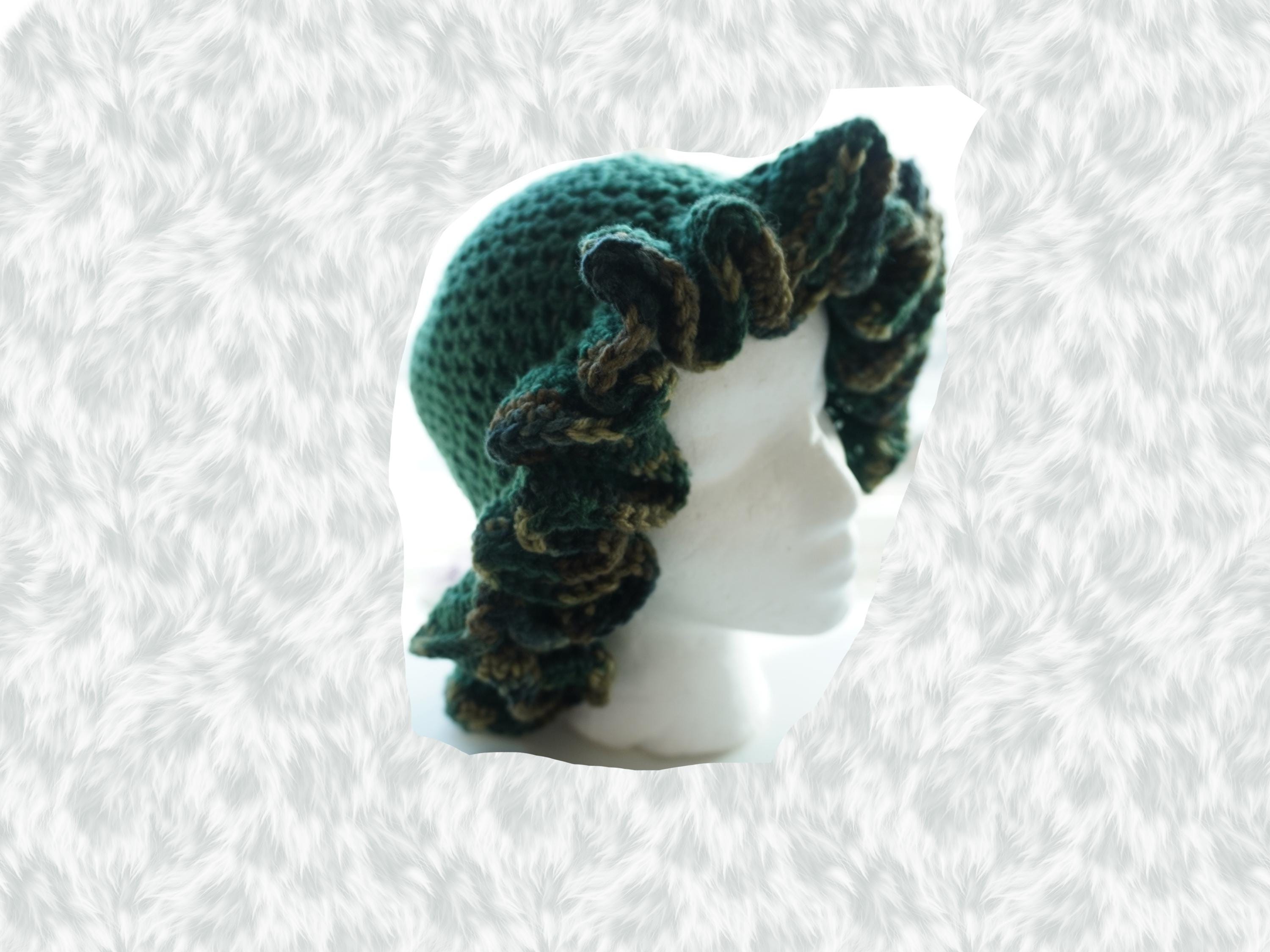 Deep Forest Green Ruffle Hat with Camo Trim - Unique, Colorful Bucket Hat